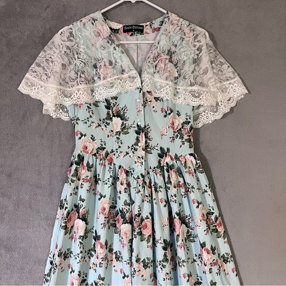 Scarlet Darkness Romantic Long Dress Blue Pink Floral Lace Collar Womens Small - Picture 4 of 11